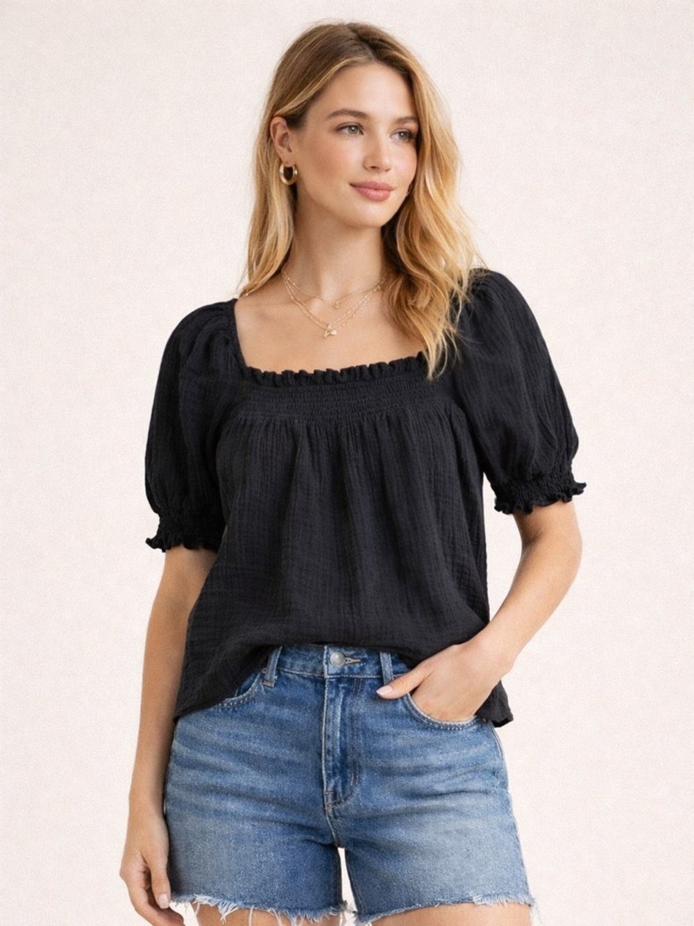 J. Crew Squareneck puff-sleeve soft gauze top in Black Size Small